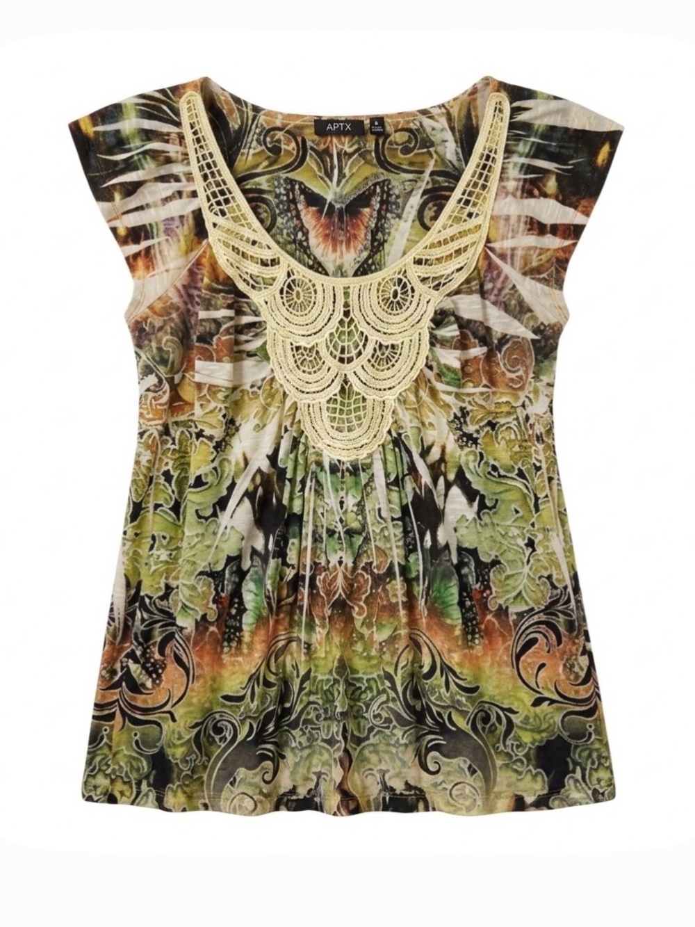 APT. 9 Floral Print Lace Neckline Top, Women’s M, Green